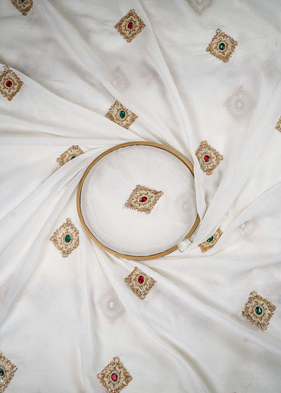 White Dyeable Georgette Fabric With All Over Buti Of Sequins, Katdana And Stone Work 23912
