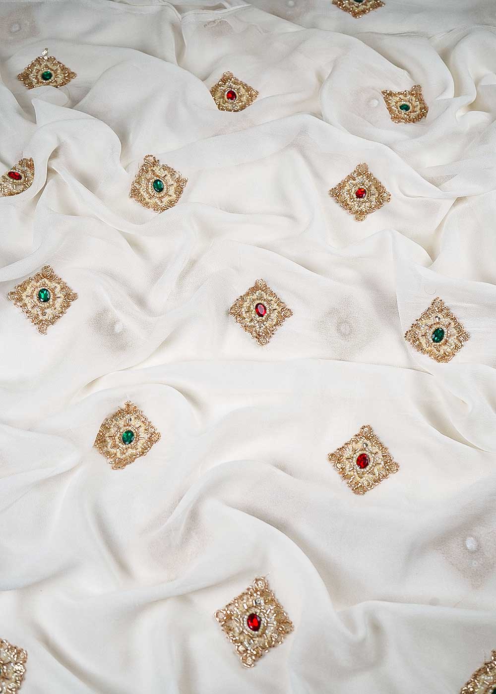 White Dyeable Georgette Fabric With All Over Buti Of Sequins, Katdana And Stone Work 23912