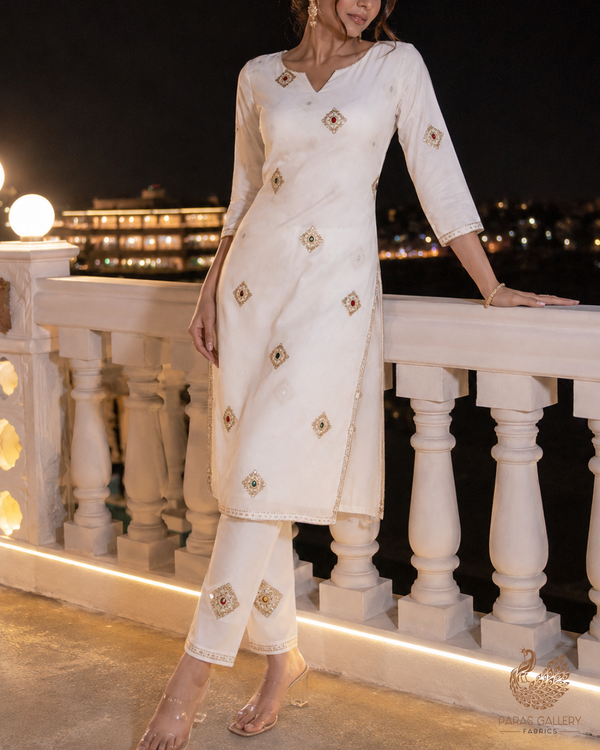 White Dyeable Georgette Fabric With All Over Buti Of Sequins, Katdana And Stone Work 23912