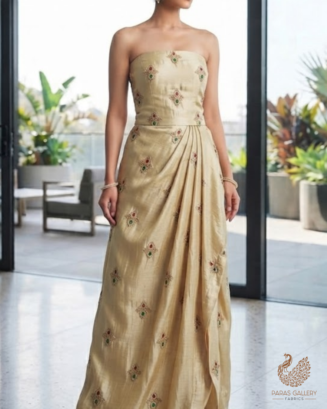 Golden Dyeable Tissue Fabric With All Over Buti Of Sequins, Katdana And Bead Work 23913
