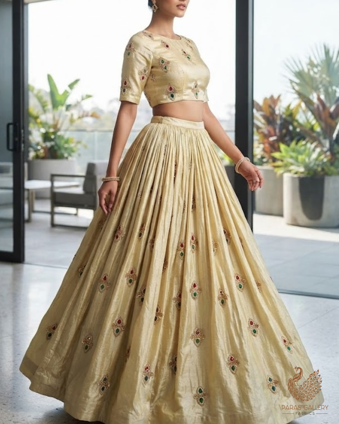Golden Dyeable Tissue Fabric With All Over Buti Of Sequins, Katdana And Bead Work 23913