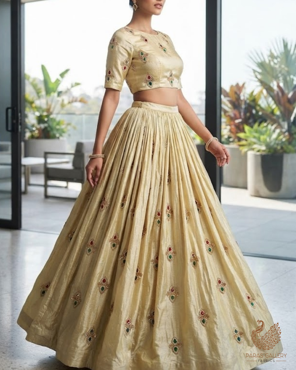 Golden Dyeable Tissue Fabric With All Over Buti Of Sequins, Katdana And Bead Work 23913
