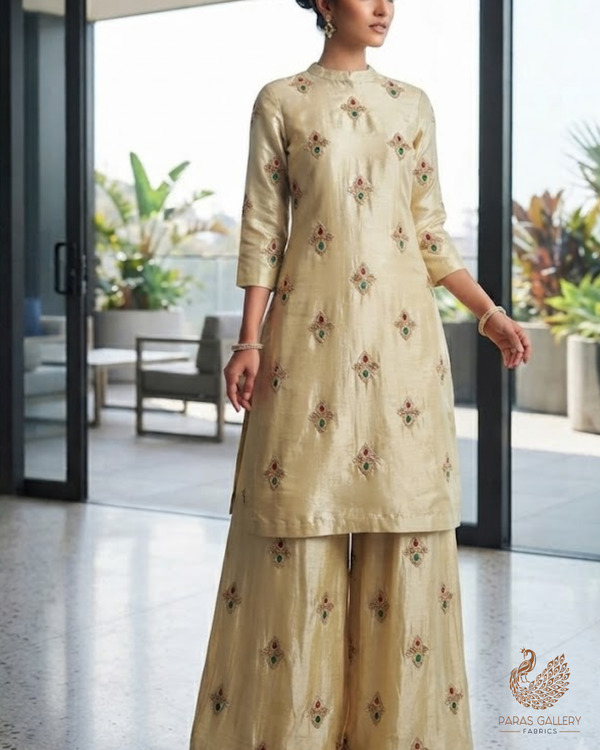 Golden Dyeable Tissue Fabric With All Over Buti Of Sequins, Katdana And Bead Work 23913