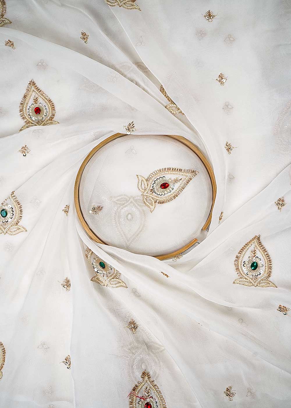 White Dyeable Organza Fabric With All Over Zari, Sequins, Katdana, Bead And Stone Work 23914
