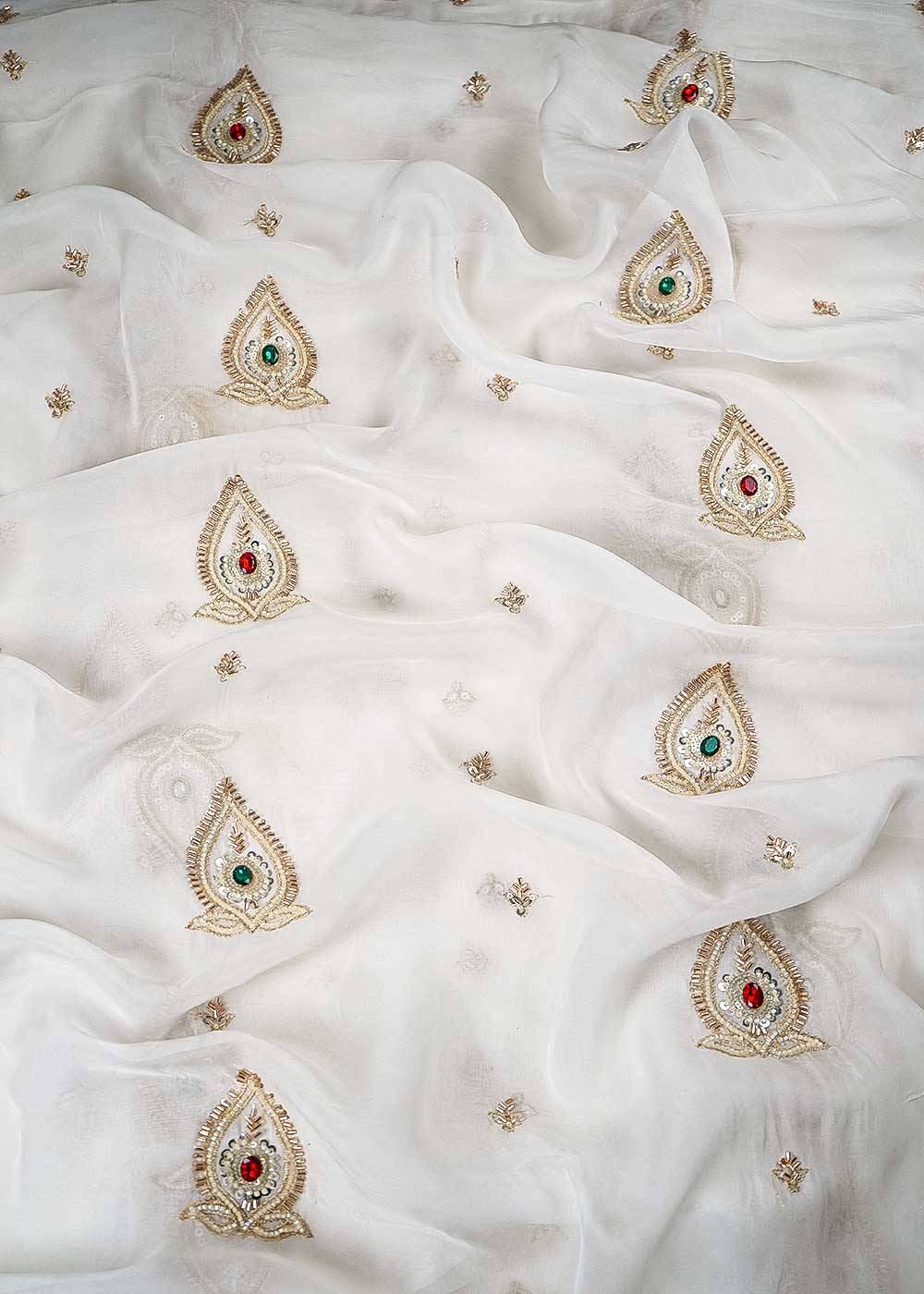 White Dyeable Organza Fabric With All Over Zari, Sequins, Katdana, Bead And Stone Work 23914