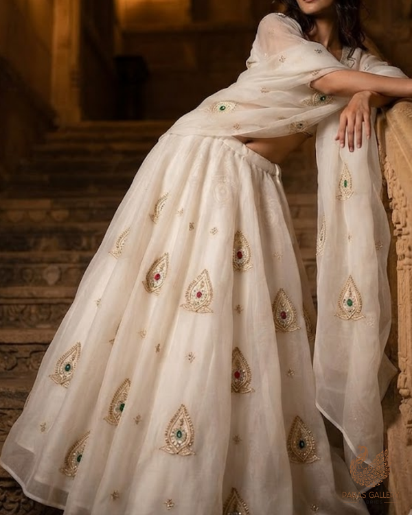 White Dyeable Organza Fabric With All Over Zari, Sequins, Katdana, Bead And Stone Work 23914