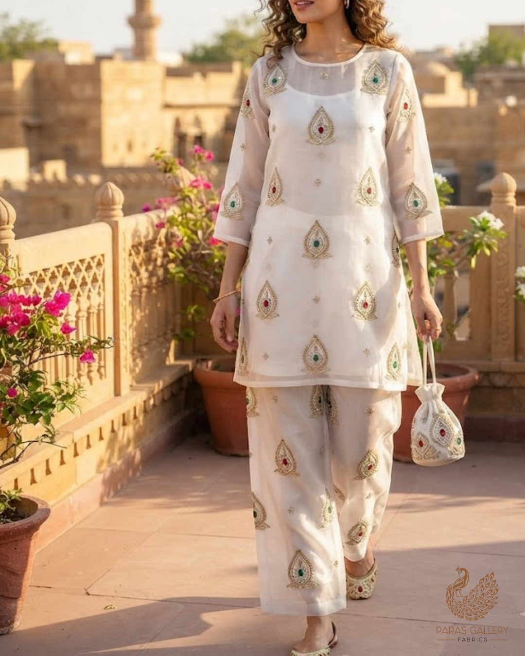 White Dyeable Organza Fabric With All Over Zari, Sequins, Katdana, Bead And Stone Work 23914