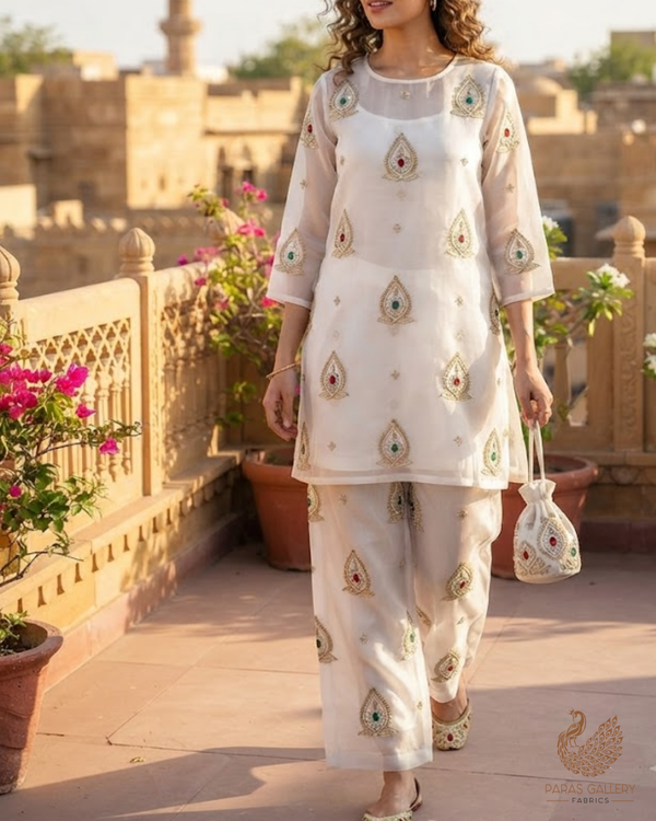 White Dyeable Organza Fabric With All Over Zari, Sequins, Katdana, Bead And Stone Work 23914