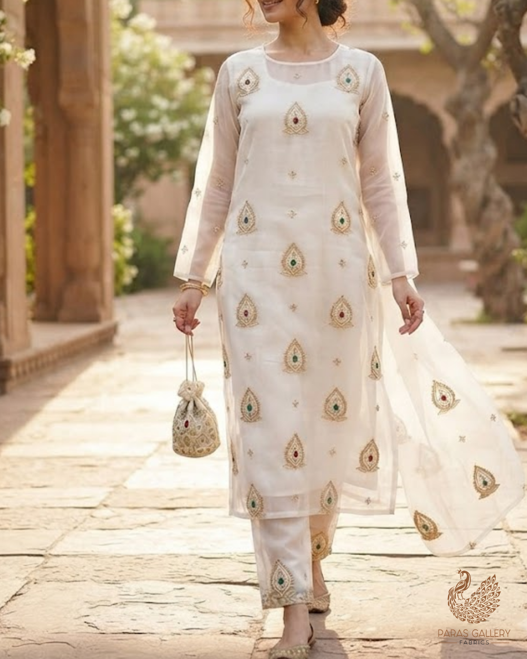 White Dyeable Organza Fabric With All Over Zari, Sequins, Katdana, Bead And Stone Work 23914