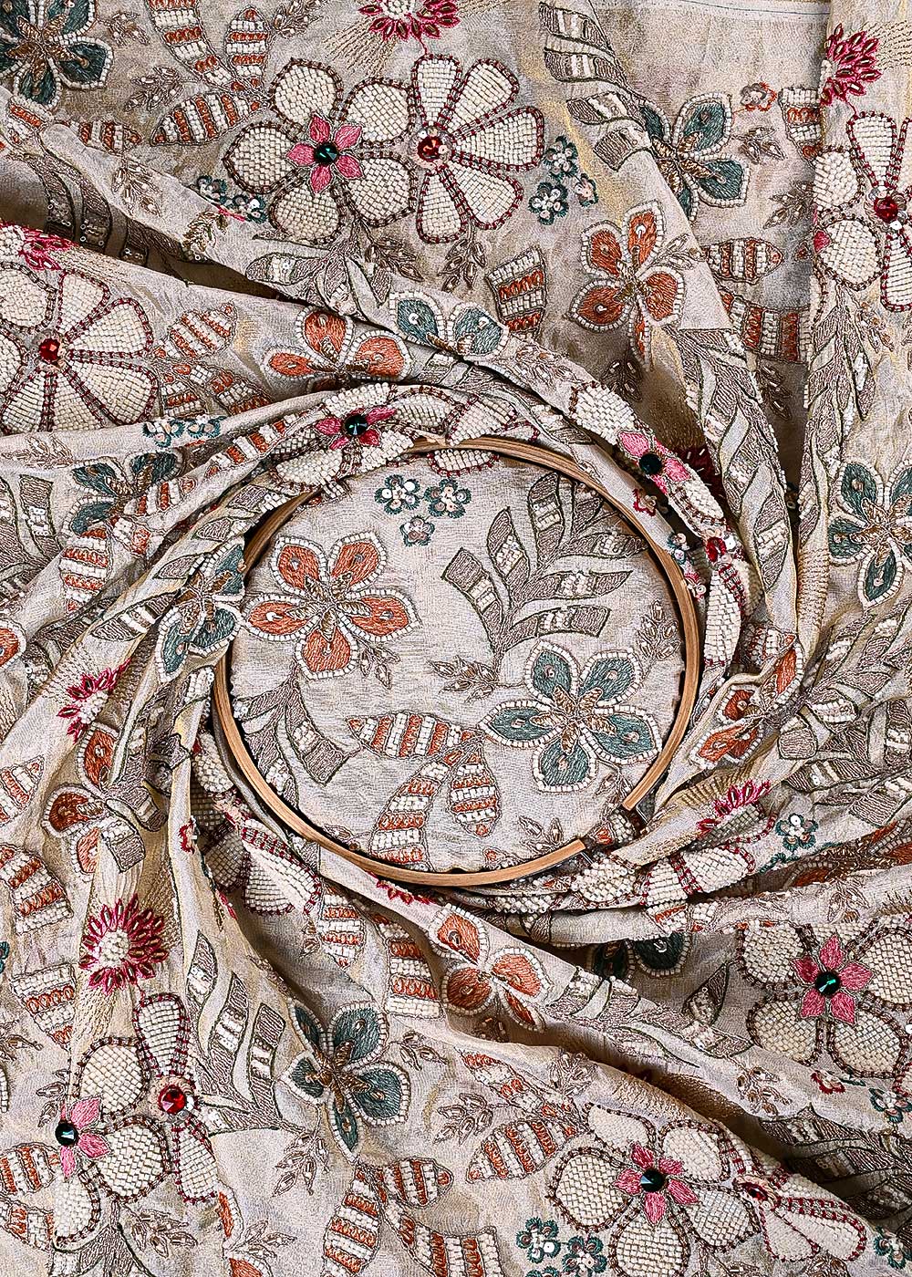 Golden Dyeable Tissue Fabric With All Over Thread, Sequins, Zari, Katdana And Stone Work 23915
