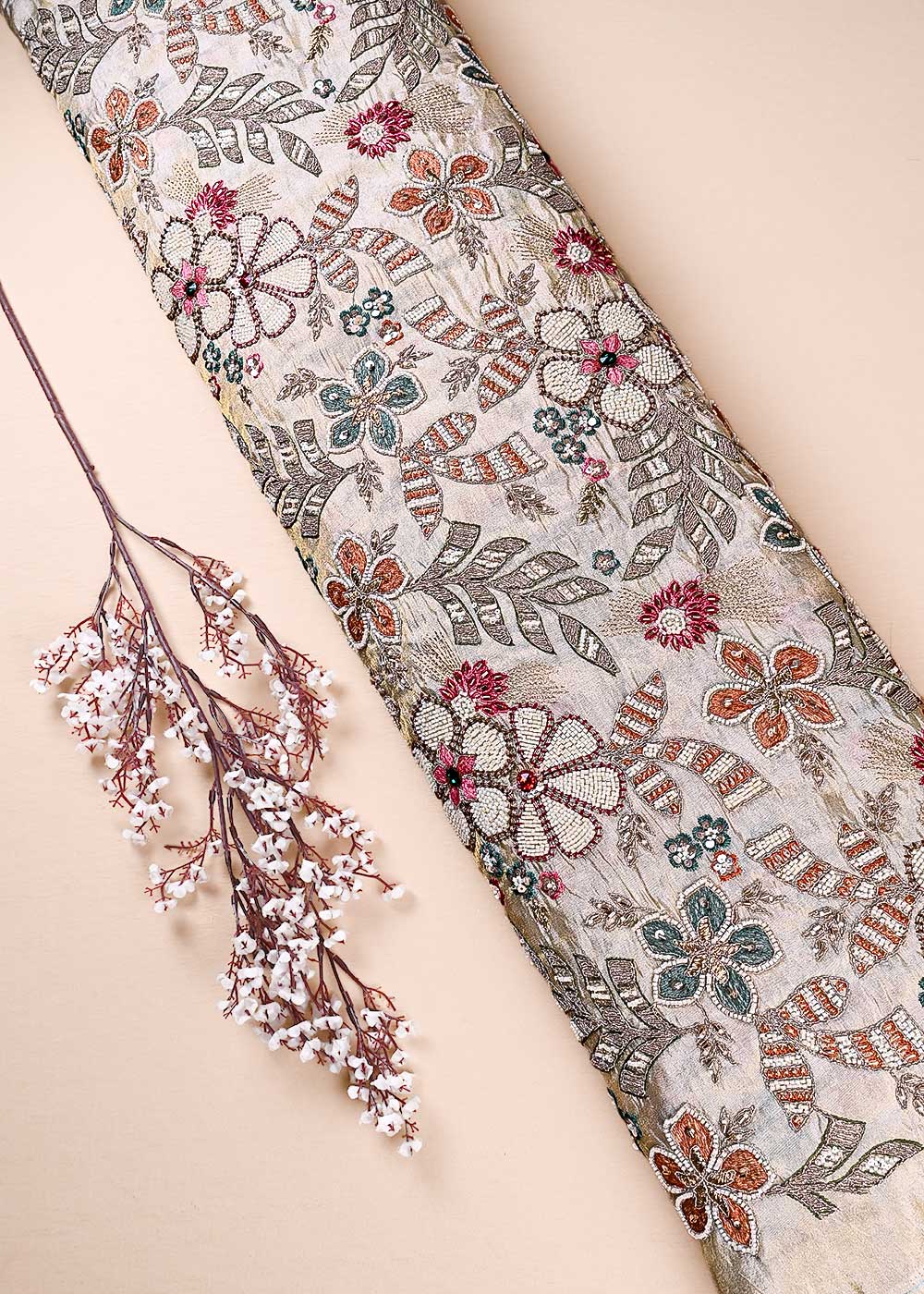 Golden Dyeable Tissue Fabric With All Over Thread, Sequins, Zari, Katdana And Stone Work 23915
