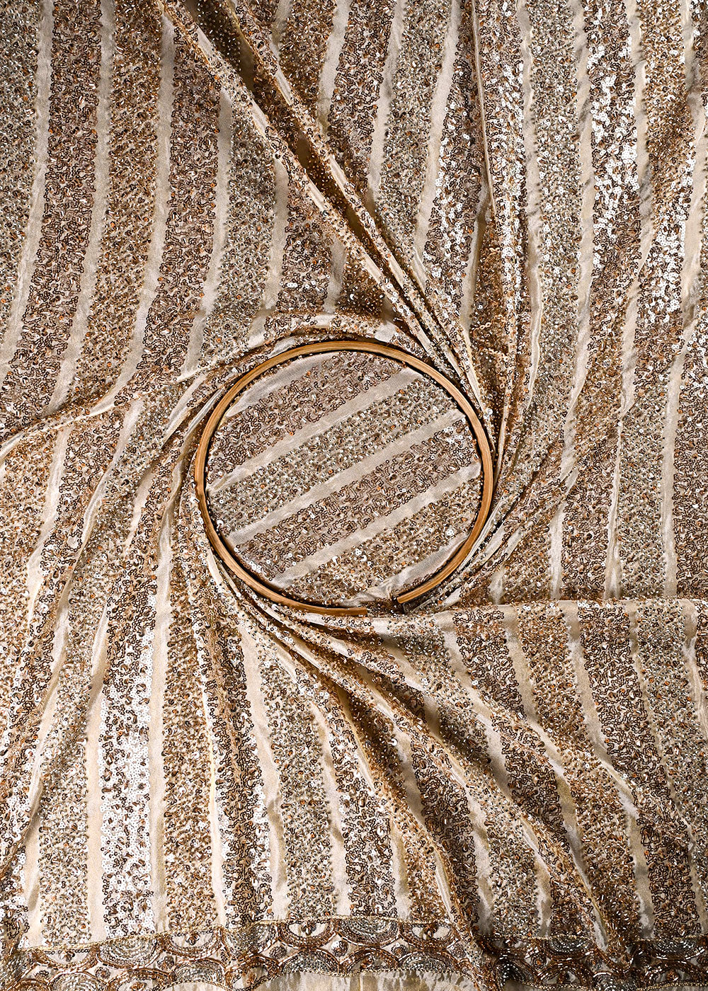 Golden Dyeable Tissue Fabric With All Over Sequins, Katdana And Bead Work With One Side Border 23919