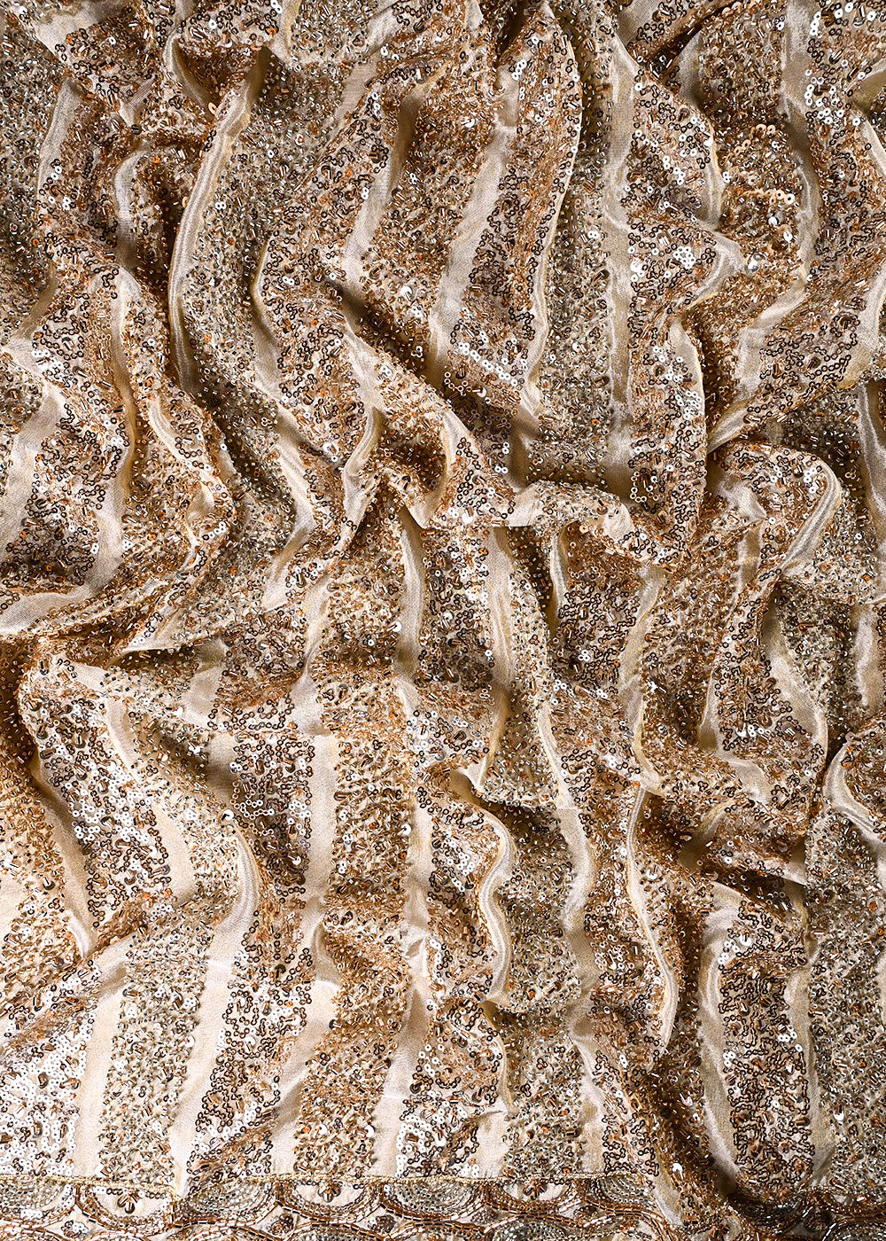 Golden Dyeable Tissue Fabric With All Over Sequins, Katdana And Bead Work With One Side Border 23919