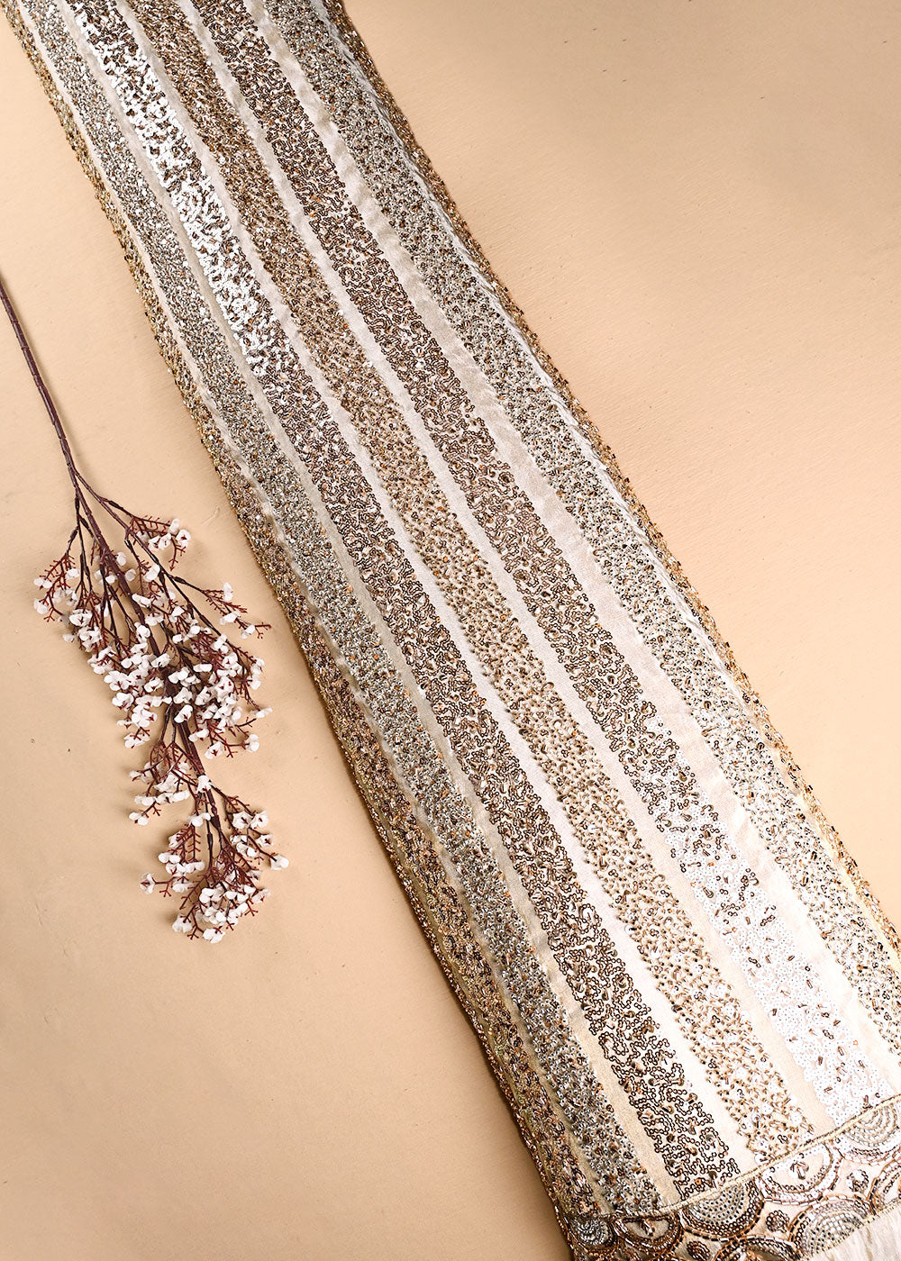 Golden Dyeable Tissue Fabric With All Over Sequins, Katdana And Bead Work With One Side Border 23919