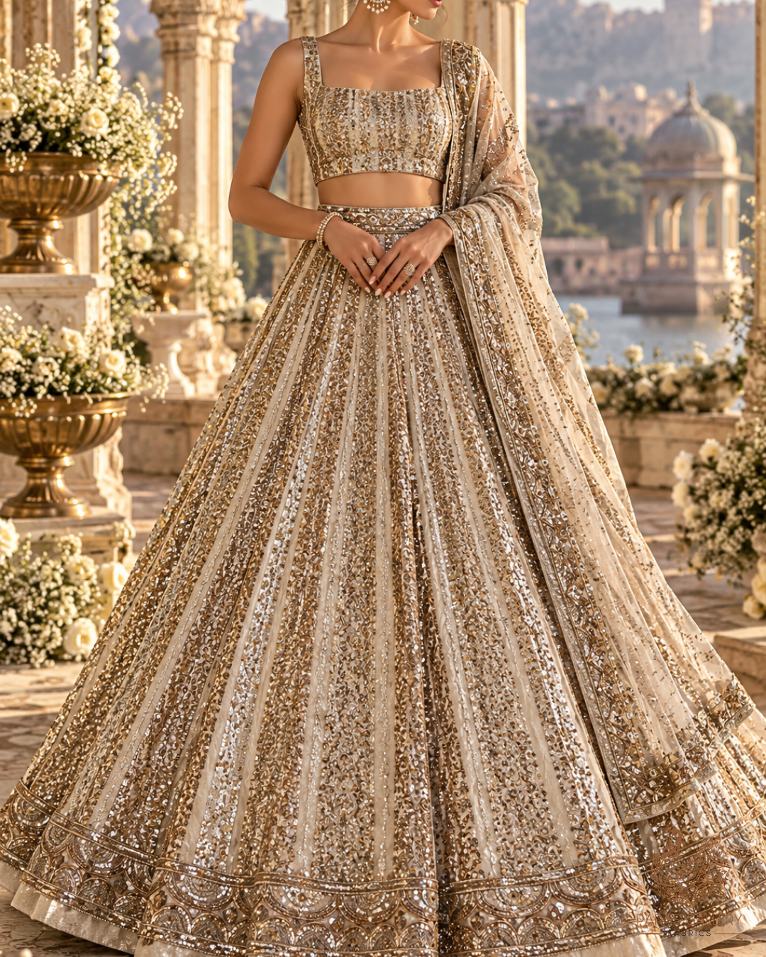 Golden Dyeable Tissue Fabric With All Over Sequins, Katdana And Bead Work With One Side Border 23919