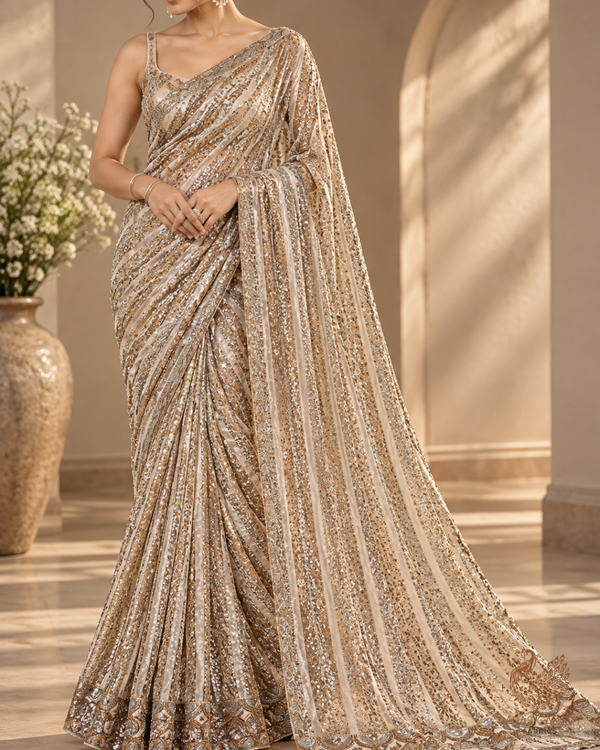 Golden Dyeable Tissue Fabric With All Over Sequins, Katdana And Bead Work With One Side Border 23919