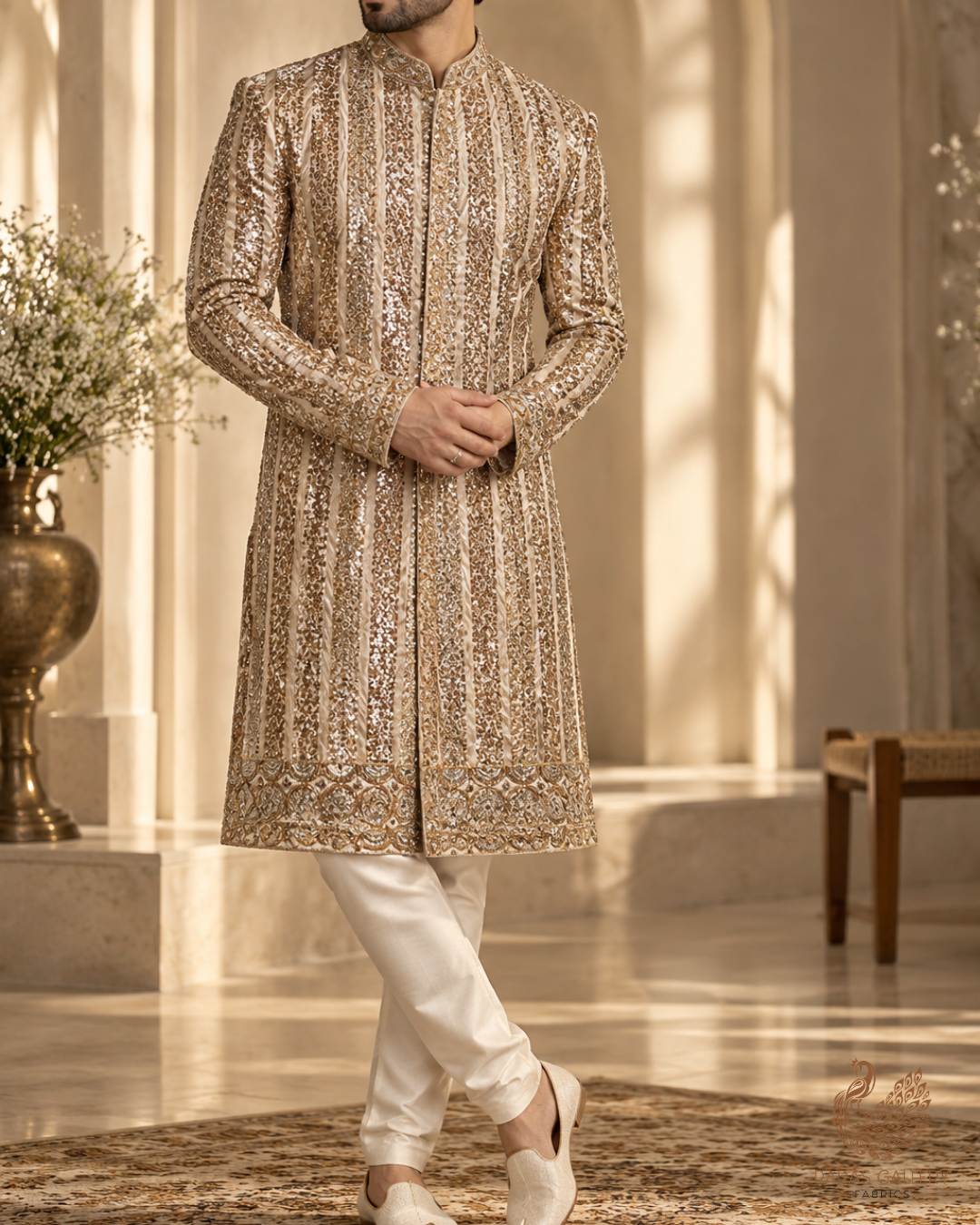 Golden Dyeable Tissue Fabric With All Over Sequins, Katdana And Bead Work With One Side Border 23919