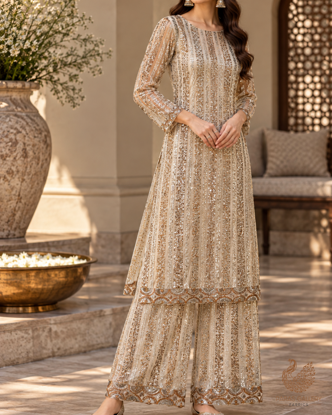 Golden Dyeable Tissue Fabric With All Over Sequins, Katdana And Bead Work With One Side Border 23919