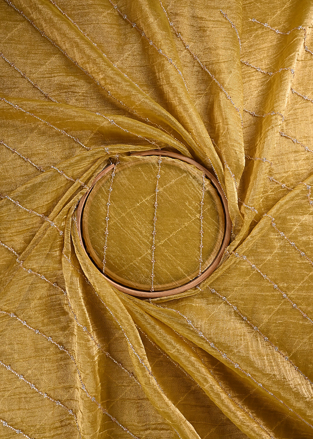 Mustard Crushed Tissue Fabric With All Over Katdana Work 23920