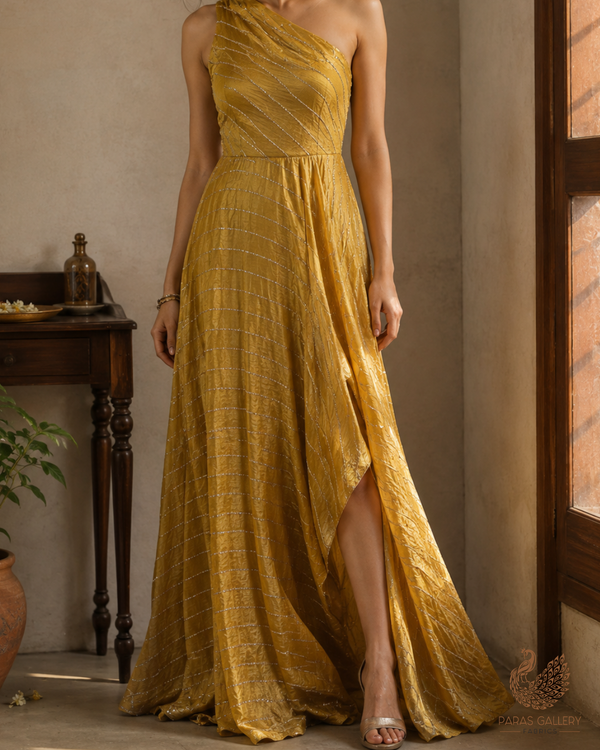Mustard Crushed Tissue Fabric With All Over Katdana Work 23920