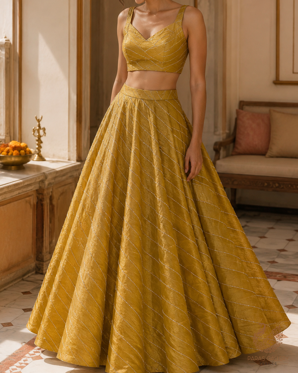 Mustard Crushed Tissue Fabric With All Over Katdana Work 23920