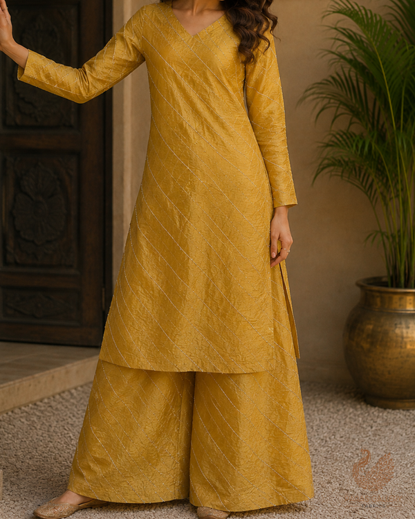 Mustard Crushed Tissue Fabric With All Over Katdana Work 23920
