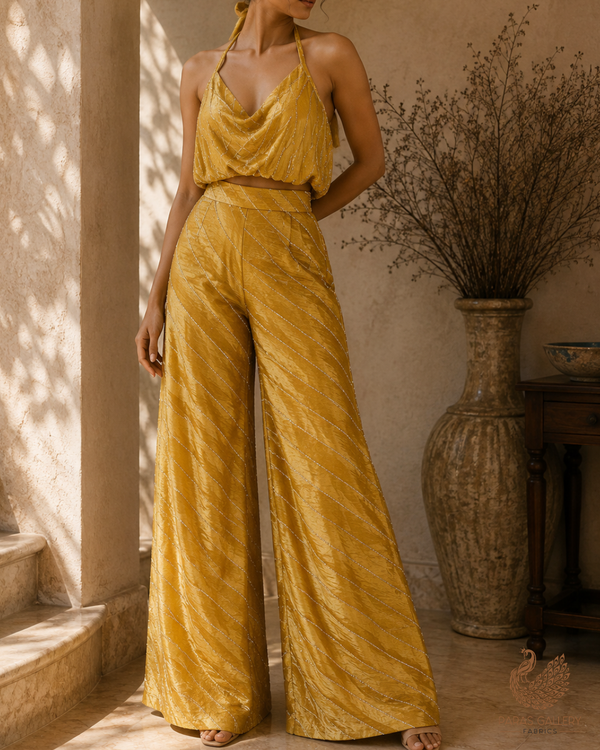 Mustard Crushed Tissue Fabric With All Over Katdana Work 23920