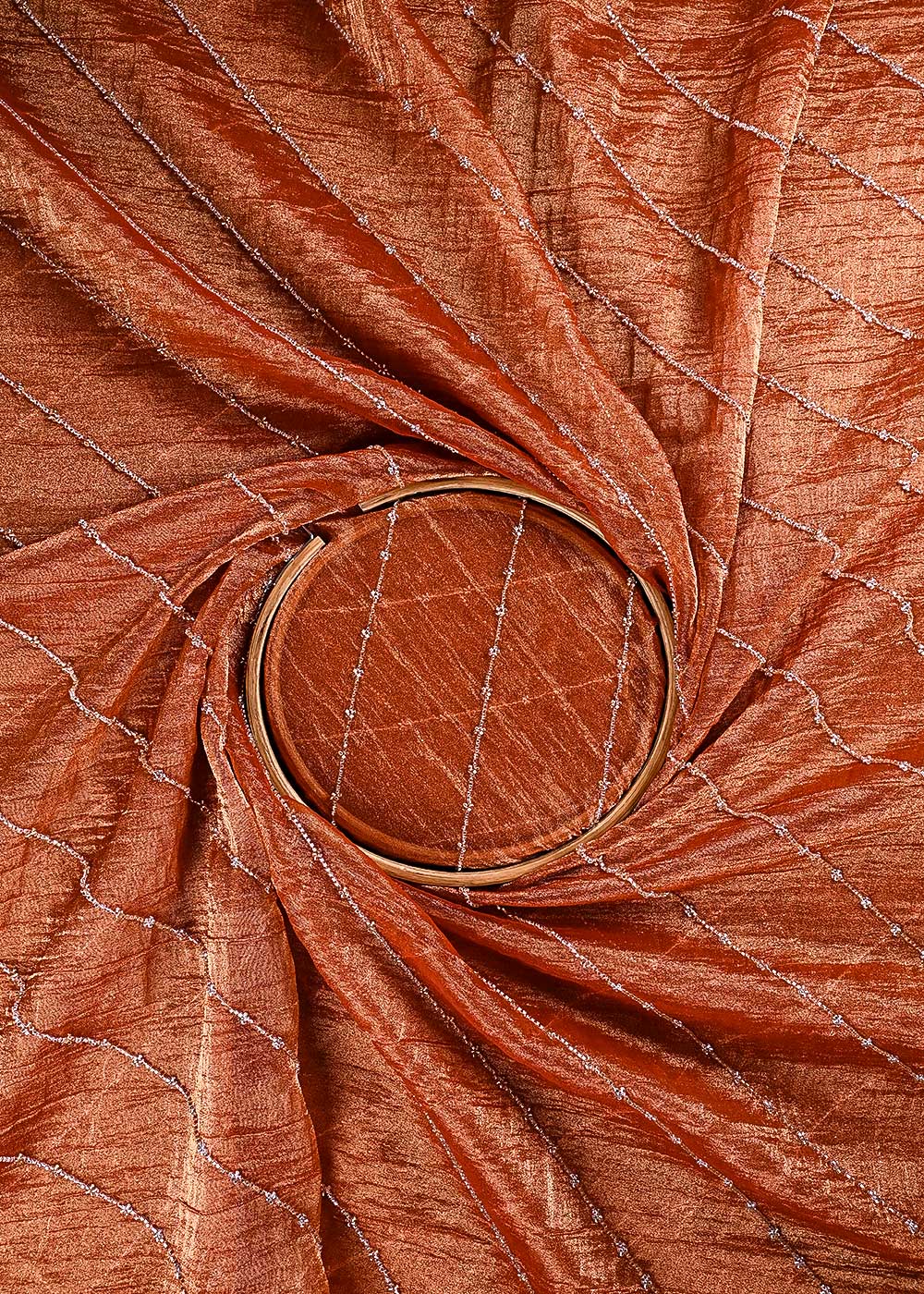 Rust Orange Crushed Tissue Fabric With All Over Katdana Work 23921