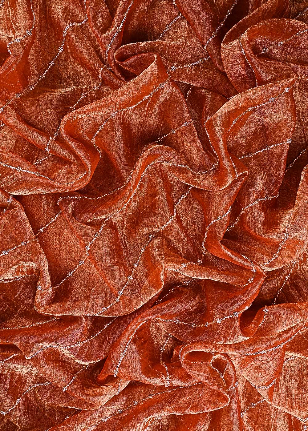 Rust Orange Crushed Tissue Fabric With All Over Katdana Work 23921