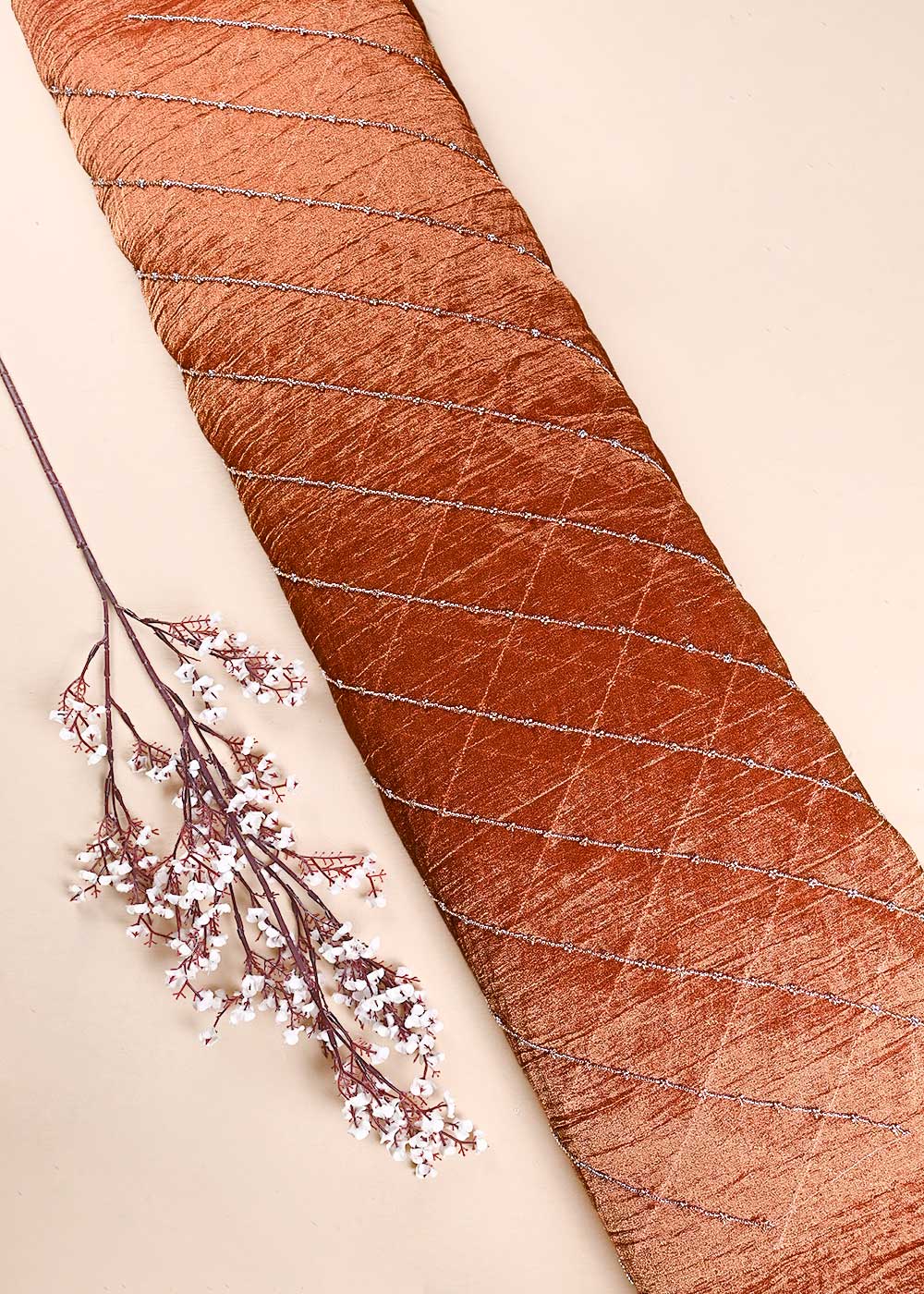 Rust Orange Crushed Tissue Fabric With All Over Katdana Work 23921