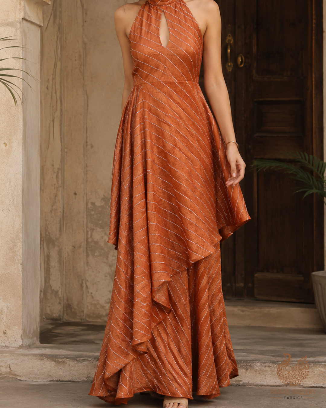 Rust Orange Crushed Tissue Fabric With All Over Katdana Work 23921