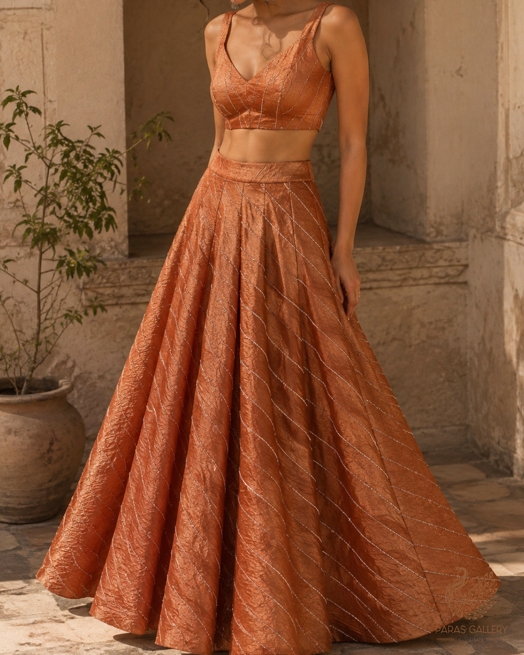 Rust Orange Crushed Tissue Fabric With All Over Katdana Work 23921