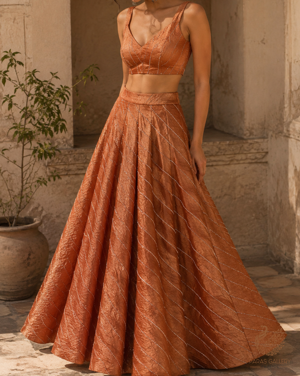 Rust Orange Crushed Tissue Fabric With All Over Katdana Work 23921