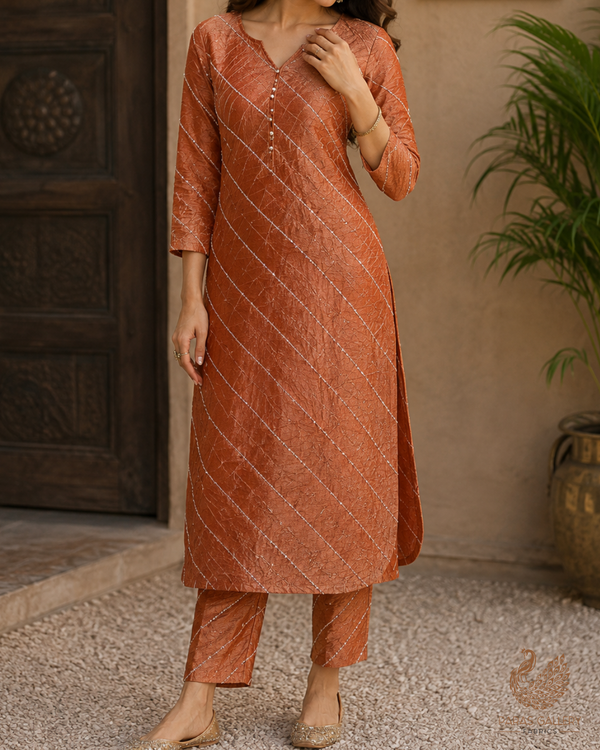 Rust Orange Crushed Tissue Fabric With All Over Katdana Work 23921