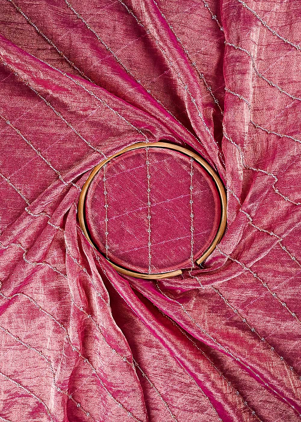 Pink Crushed Tissue Fabric With All Over Katdana Work 23922