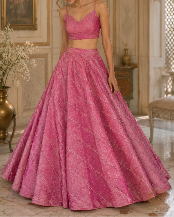 Pink Crushed Tissue Fabric With All Over Katdana Work 23922