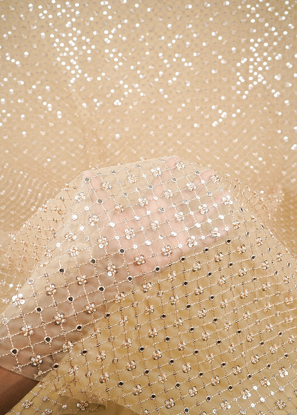 Golden Imported Net Fabric With All Over Zari, Sequins And Katdana Work 23923