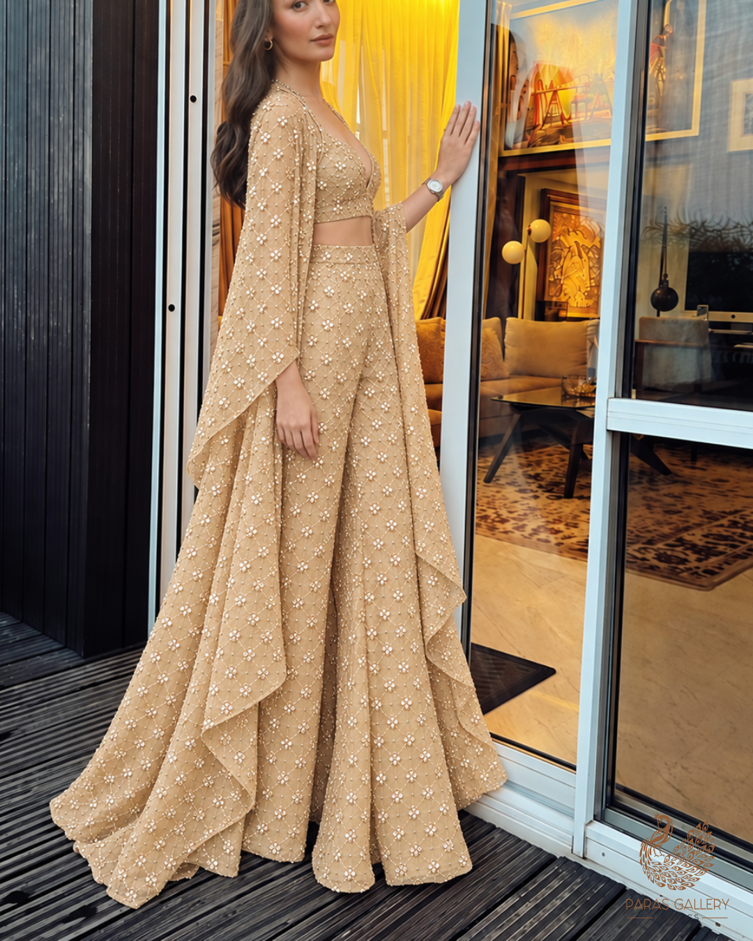 Golden Imported Net Fabric With All Over Zari, Sequins And Katdana Work 23923