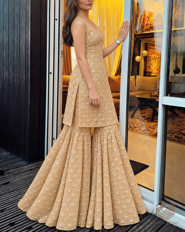 Golden Imported Net Fabric With All Over Zari, Sequins And Katdana Work 23923