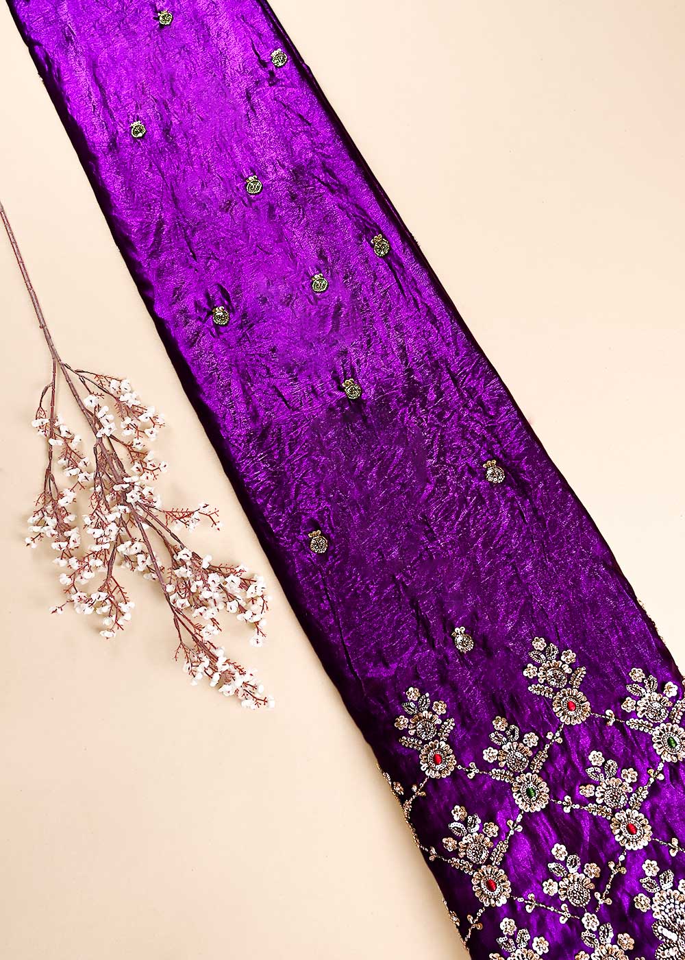 Purple Silk Fabric With All Over Zari, Sequins, Katdana And Bead Work With One Side Heavy Border 23924