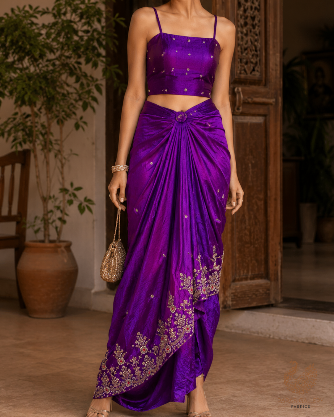 Purple Silk Fabric With All Over Zari, Sequins, Katdana And Bead Work With One Side Heavy Border 23924