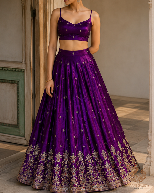 Purple Silk Fabric With All Over Zari, Sequins, Katdana And Bead Work With One Side Heavy Border 23924
