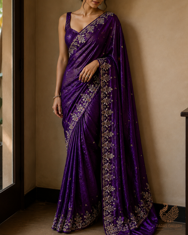 Purple Silk Fabric With All Over Zari, Sequins, Katdana And Bead Work With One Side Heavy Border 23924