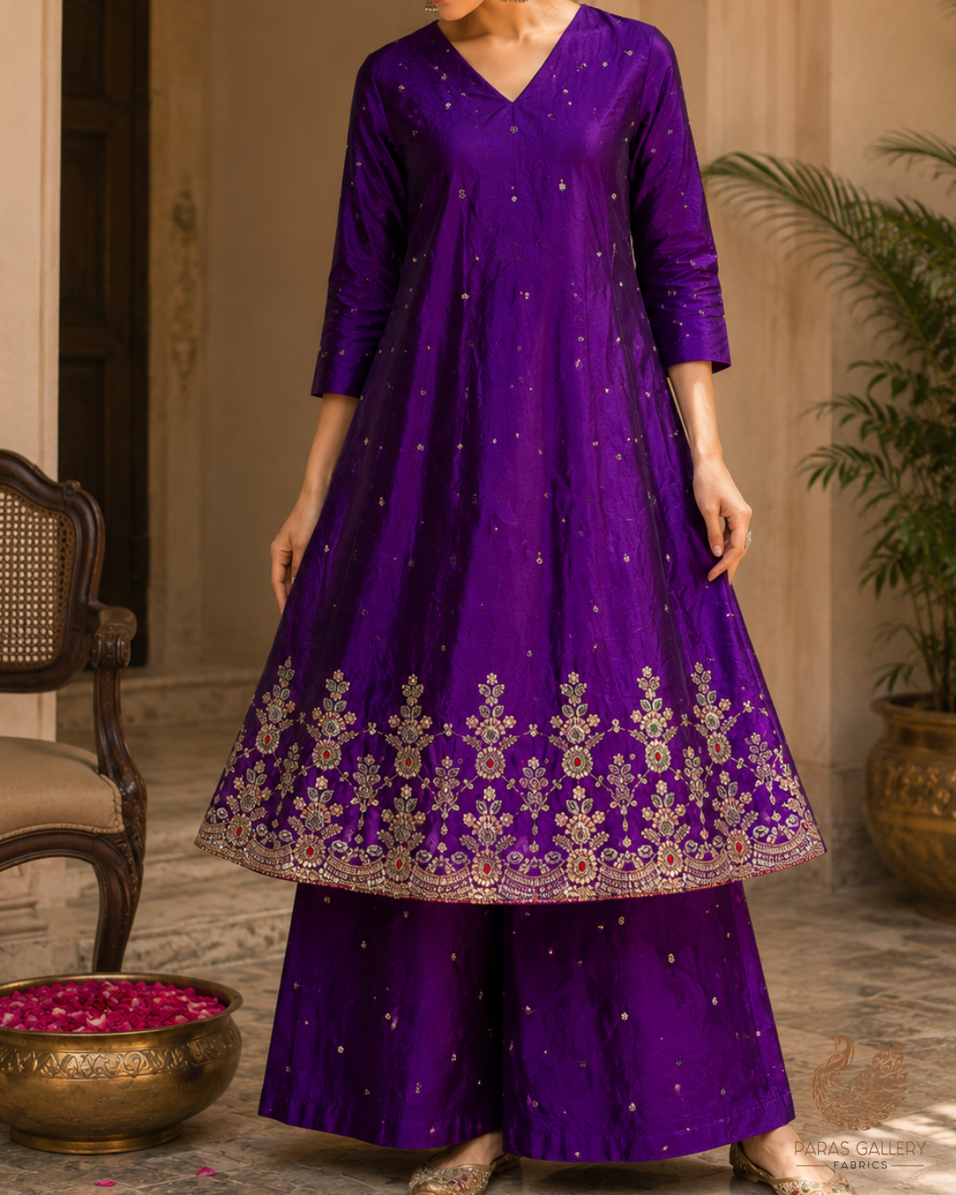 Purple Silk Fabric With All Over Zari, Sequins, Katdana And Bead Work With One Side Heavy Border 23924