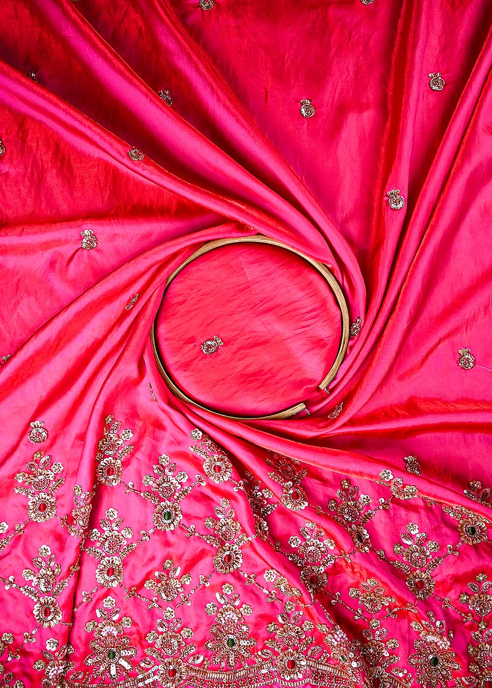 Rani Pink Silk Fabric With All Over Zari, Sequins, Katdana And Bead Work With One Side Heavy Border 23925