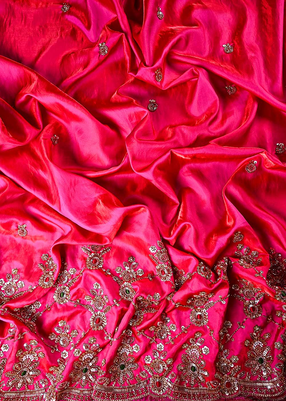 Rani Pink Silk Fabric With All Over Zari, Sequins, Katdana And Bead Work With One Side Heavy Border 23925