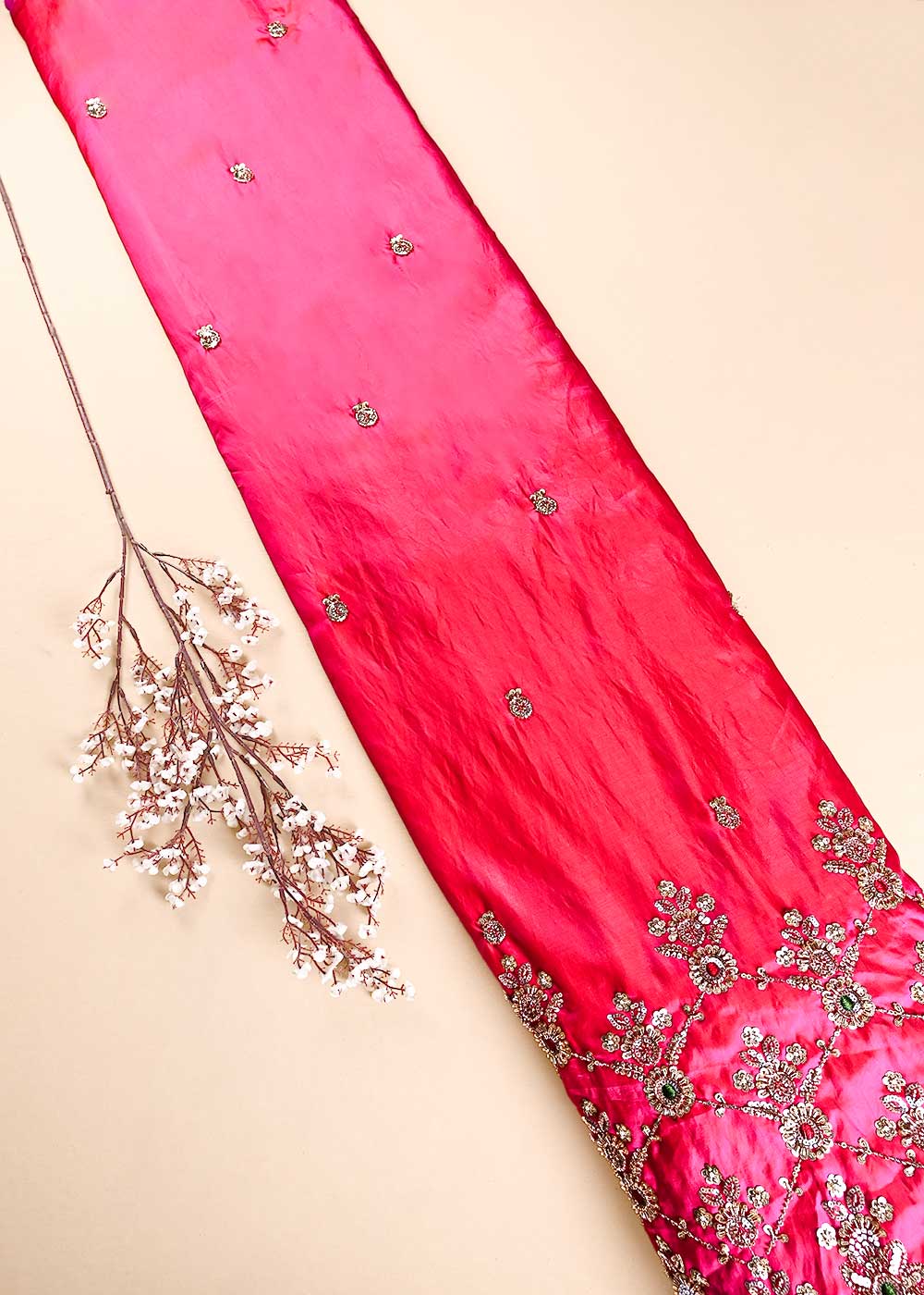 Rani Pink Silk Fabric With All Over Zari, Sequins, Katdana And Bead Work With One Side Heavy Border 23925