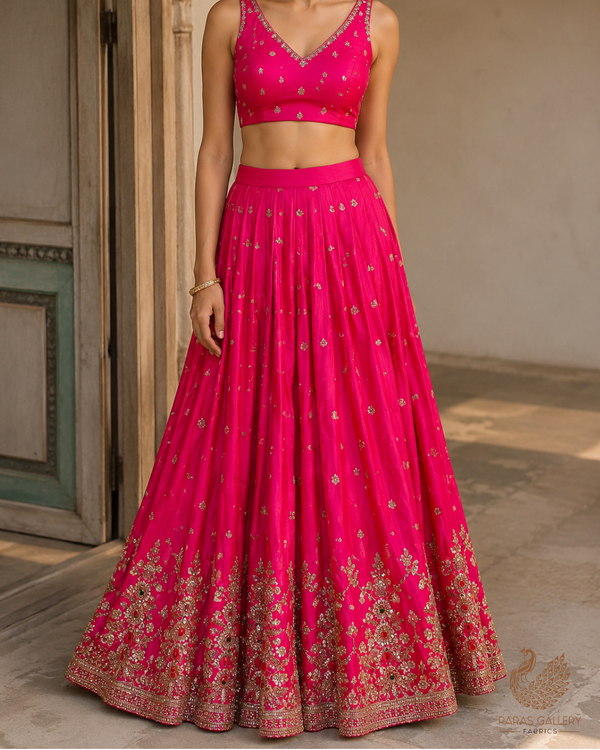 Rani Pink Silk Fabric With All Over Zari, Sequins, Katdana And Bead Work With One Side Heavy Border 23925