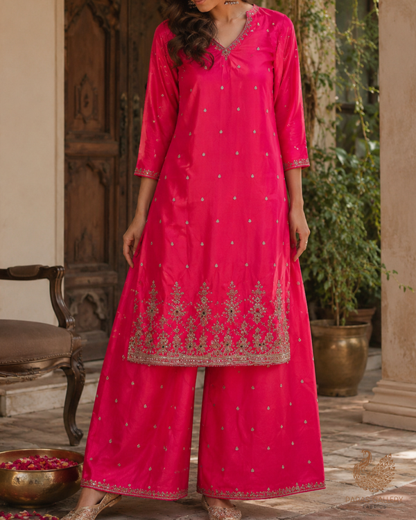 Rani Pink Silk Fabric With All Over Zari, Sequins, Katdana And Bead Work With One Side Heavy Border 23925