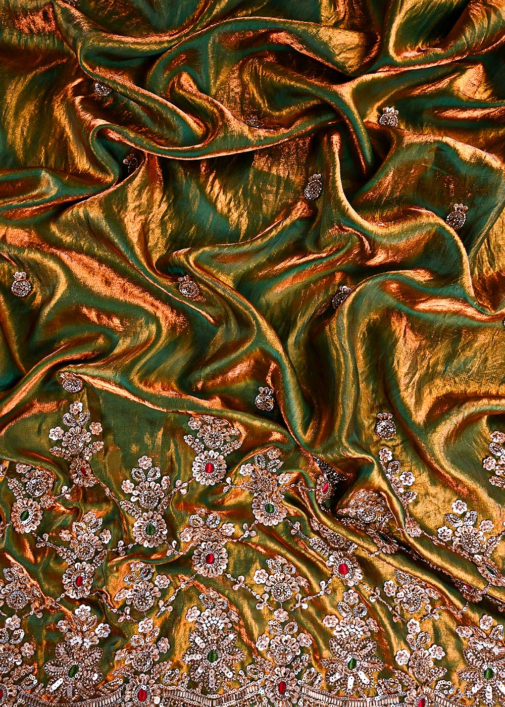 Green Silk Fabric With All Over Zari, Sequins, Katdana And Bead Work With One Side Heavy Border 23926